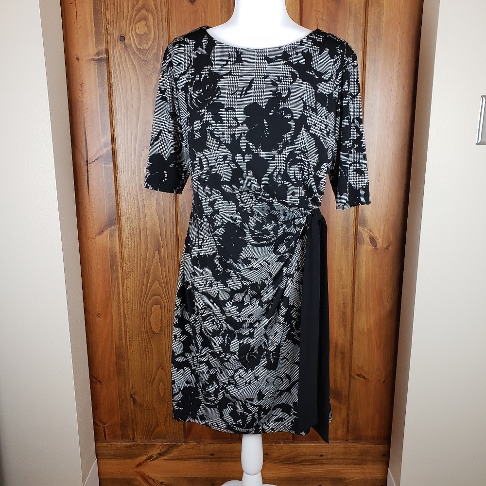 R&K Houndstooth & Floral Ruched Sheath Dress, sz L